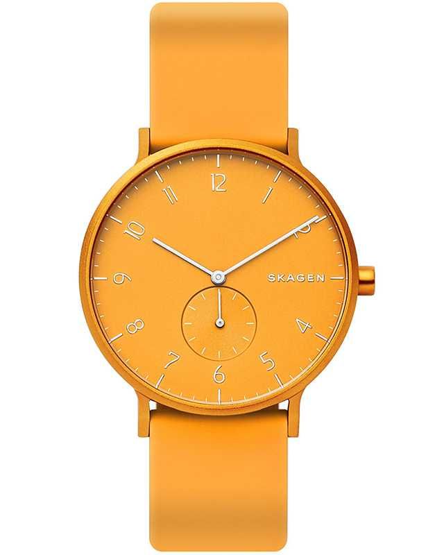 Skagen, Ceas unisex cu o curea de silicon Aaren Kulor, Galben