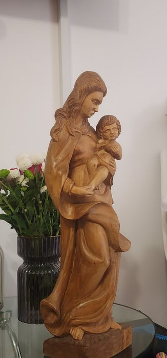 Figurina lemn sculptat Fecioara Maria cu Pruncul Issus , 55 cm