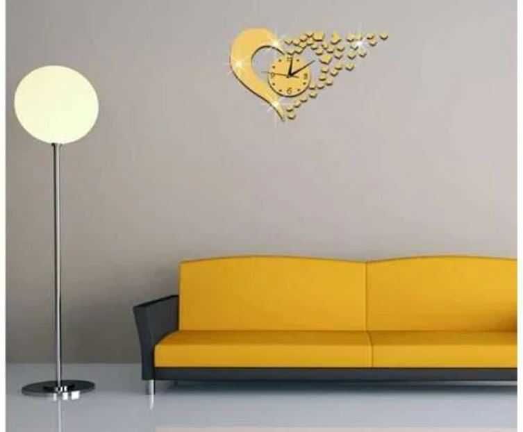 Ceas de perete DIY cu adeziv în formă de inimă, 3D auriu