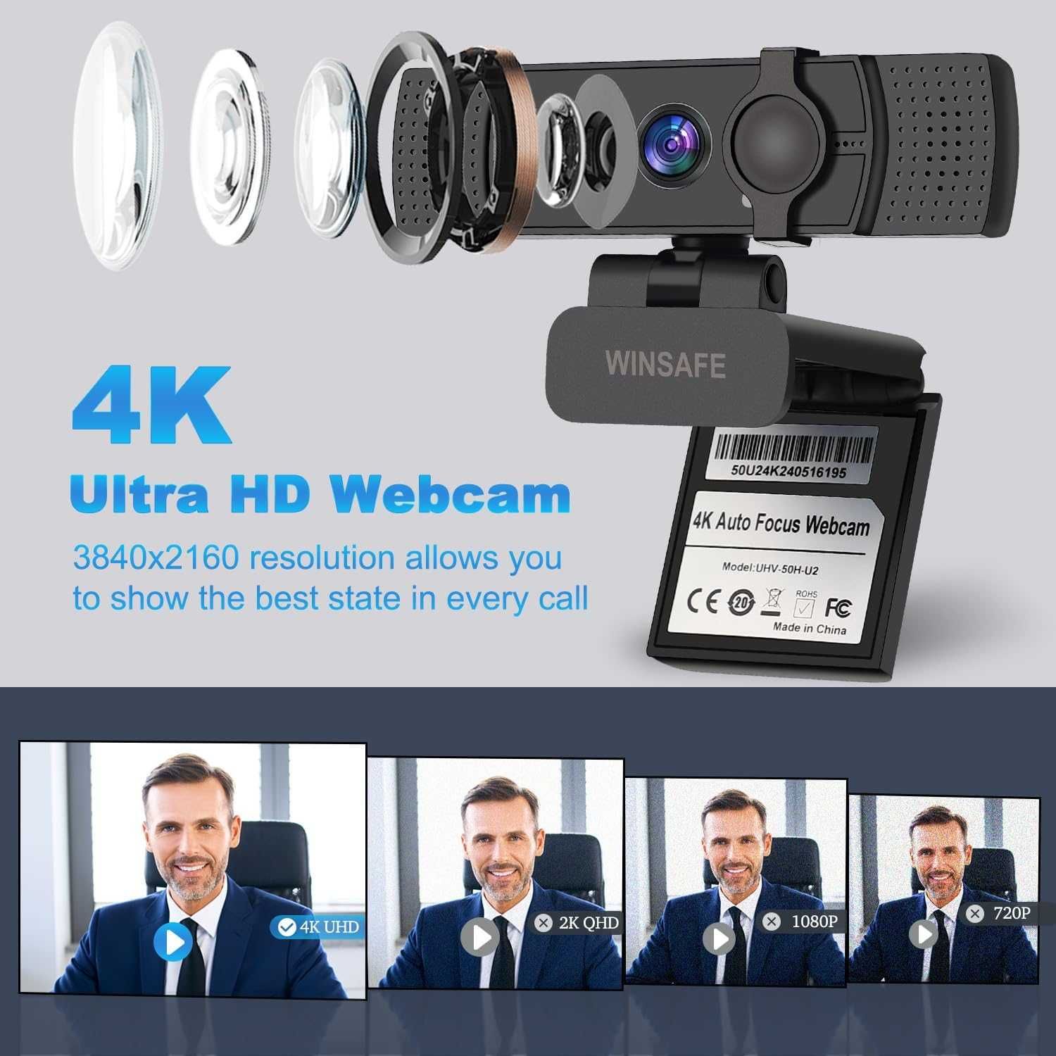 Уеб камера WINSAFE 4K, Ultra HD видео разговори, AI автофокус