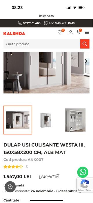 URGENT: Dressing usi culisante 150x58x200 cm, alb mat