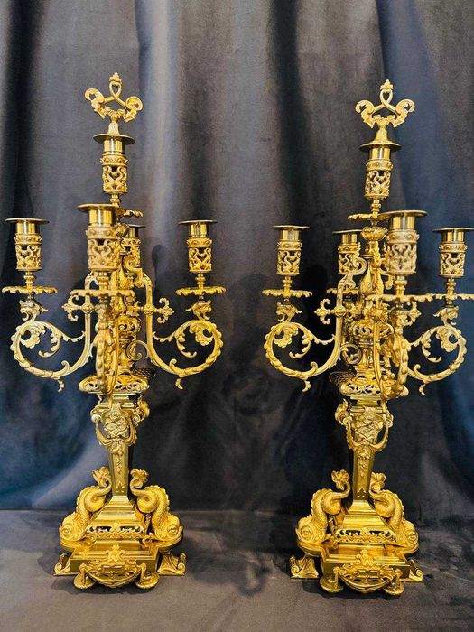Set Ceas semineu si sfesnice Ludovic XIV 1800-1880 bronz masiv