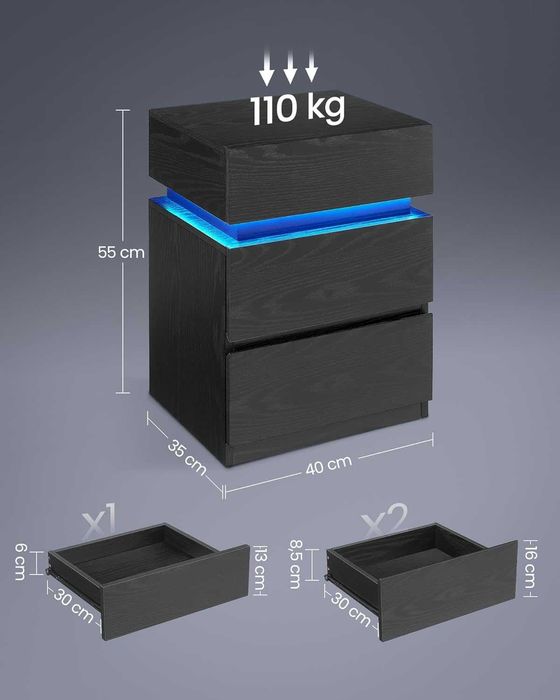 Noptiera cu iluminare LED, Vasagle, 3 sertare, 25 culori, negru