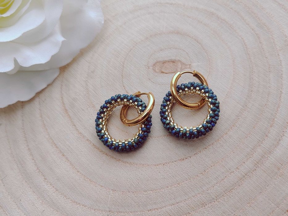 Ръчно изработени обеци халки с висулка от Японски мъниста, Стомана