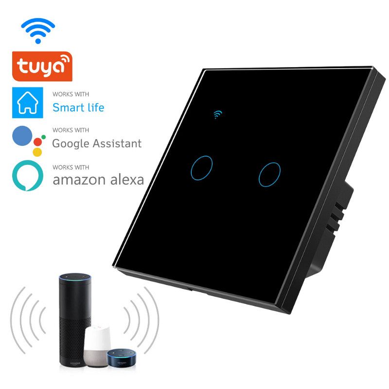 Intrerupator smart touch iUni 2F, Wi-Fi, Sticla securizata, LED, Black