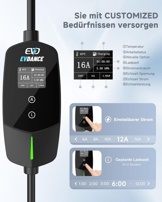Statie de încărcare portabila EVDANCE tip 2 schuko 3.68KW [6.1m|6-16A]