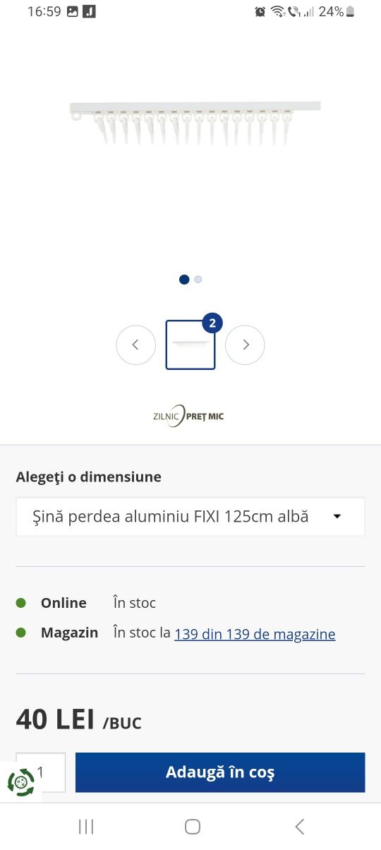 Șină perdea aluminiu FIXI 125cm albă