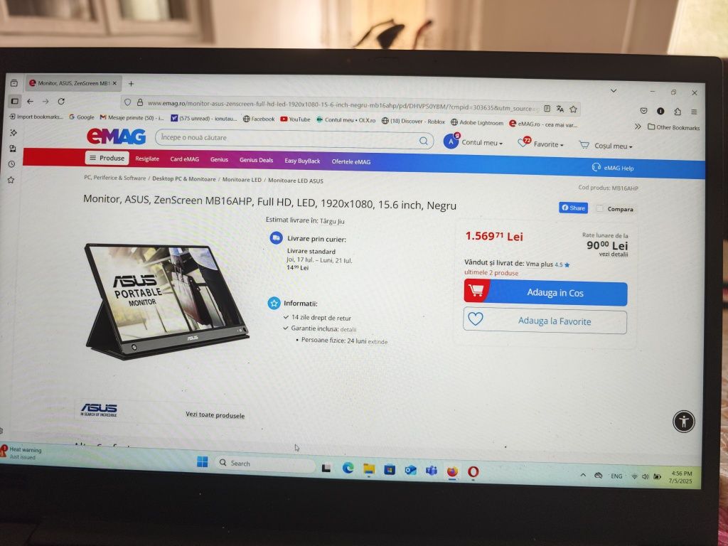 Monitor extern Asus ZenScreen Go Model MB16AHP, baterie 7800mAh