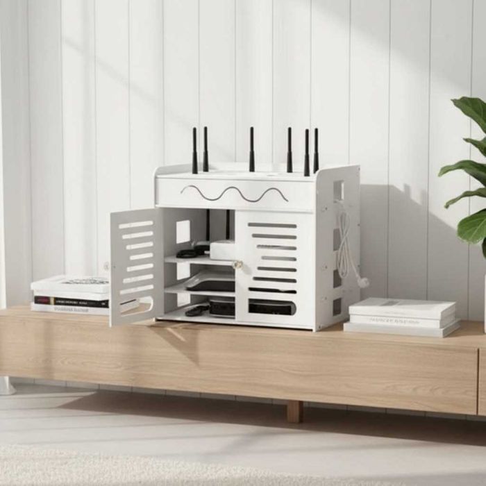 Органайзер шкаф за Wi-Fi рутер и кабели – 3 нива, бял дизайн