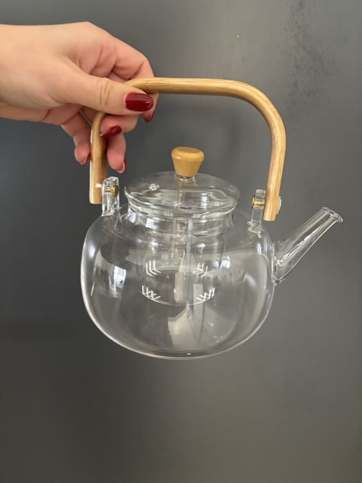 Ceainic elegant din sticla si bambus - nou - 1L