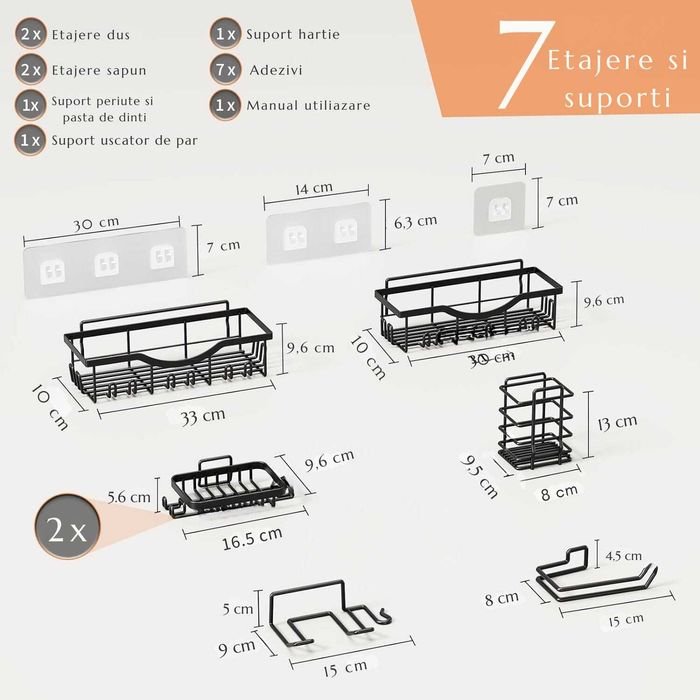 Etajera pentru baie si dus, din otel inoxidabil. 7 piese