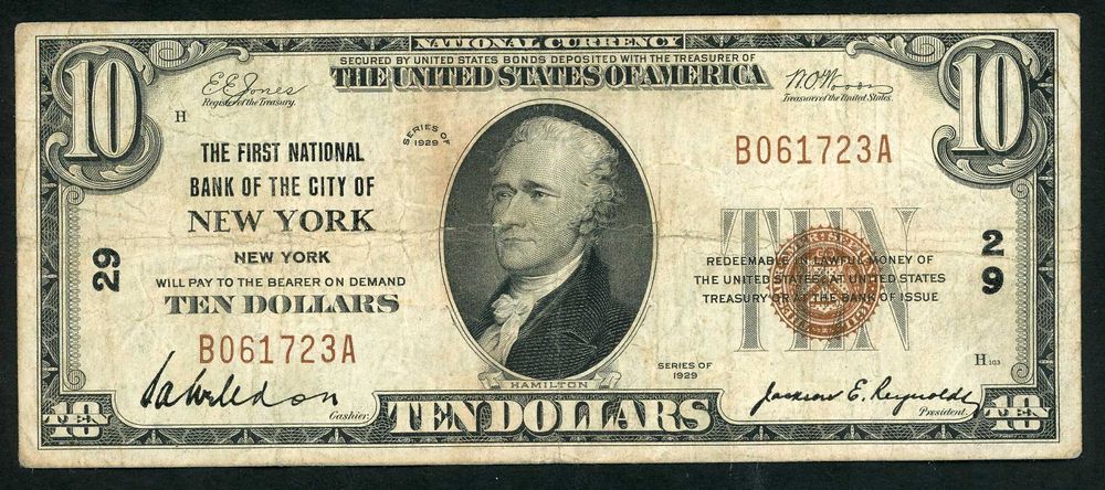 $10 Ten Dollar 1929-National Bank Note Ch #29 First NB of the City NY