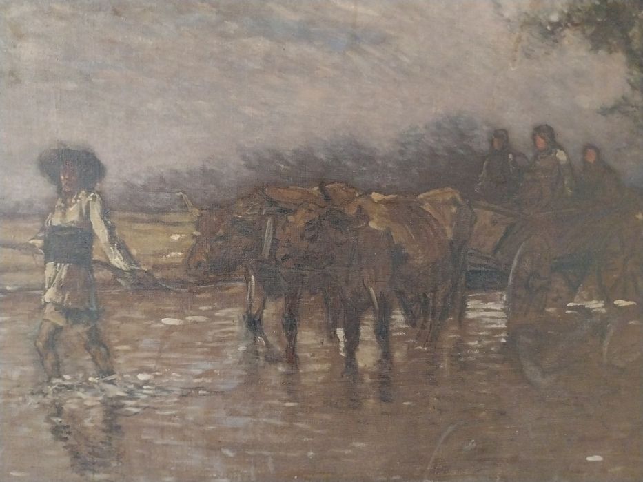 Car cu țărani traversând un parau.