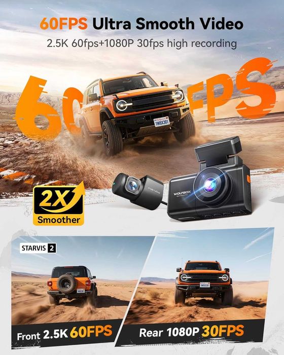 WOLFBOX 60FPS Видеорегистратор, 2.5K+1080P предна и задна камера