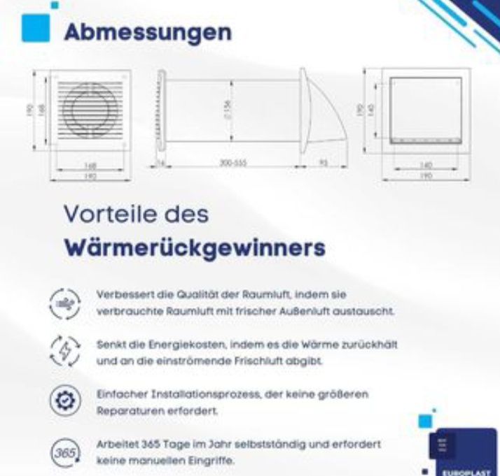 Ventilator aerisire recuperator de caldura EUROPLAST 150