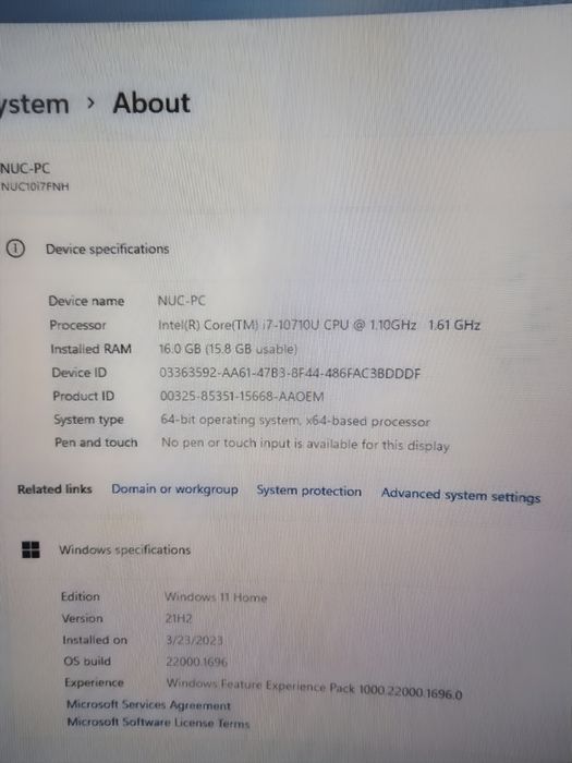 NUC 10 Intel I7 10710U, 16gb RAM