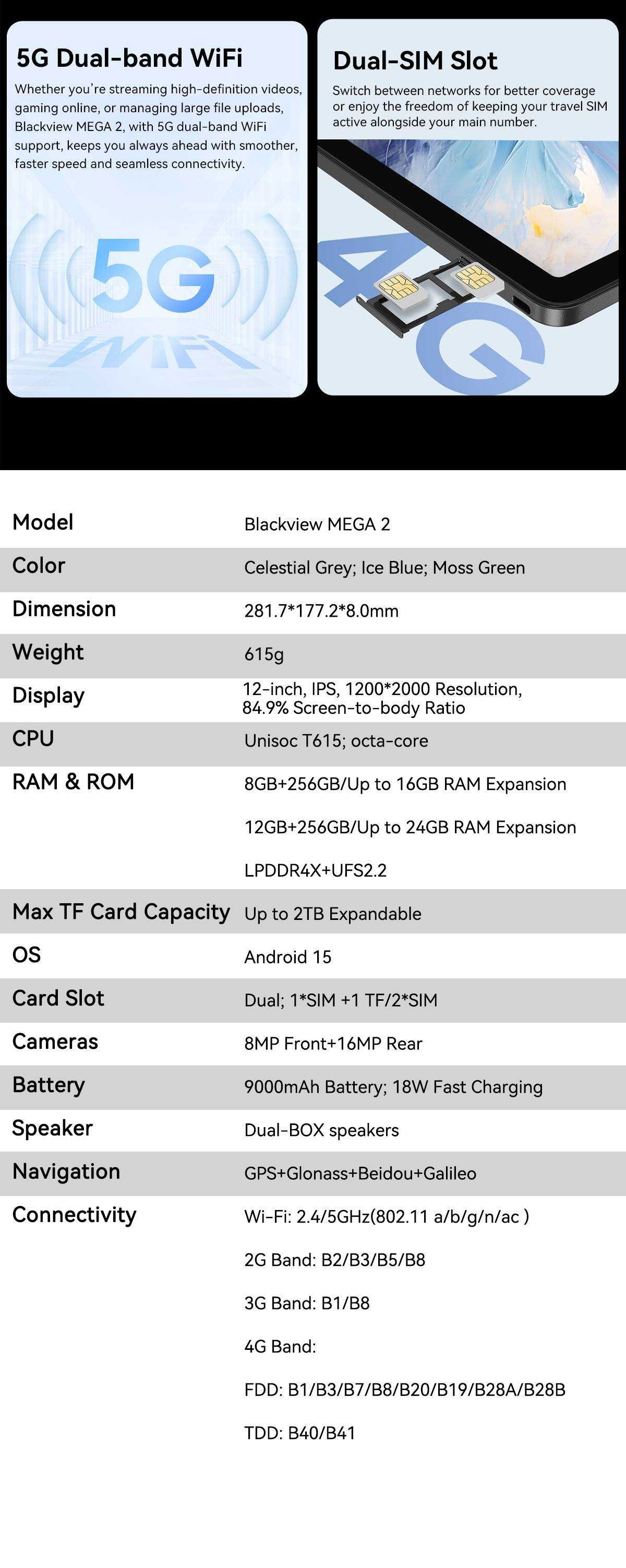 Tableta Blackview Mega 2 mem. 8/256, Android 15, WIFI, BT, SIM 4G, GPS
