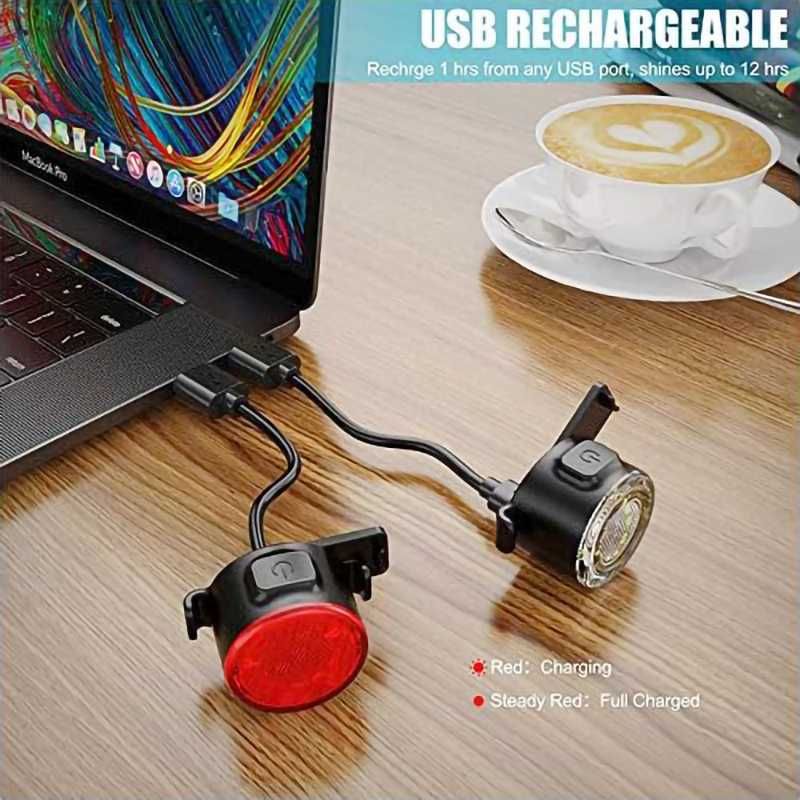 Комплект LED светлини за велосипед, Водоустойчиви, Кръгли, USB, ZH-068