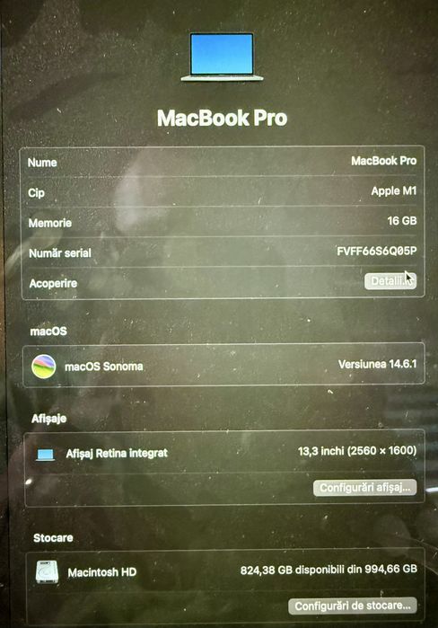 Vand Macbook Pro M1 13.3 inchi 16GB RAM 1 TB HDD