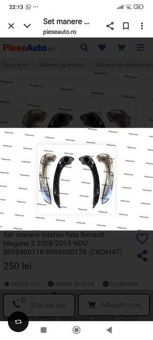 Mânere interioare pt portierele față Renault Megane3, Laguna, Fluence