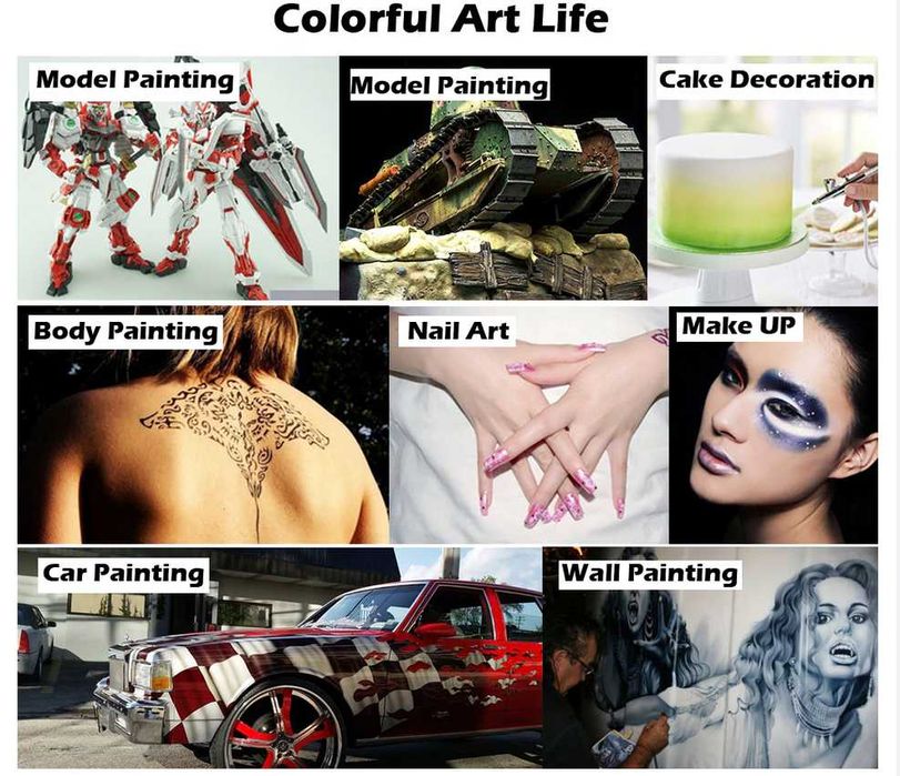 Set aerograf hobby, profi, cu suport palmar, 3 cupe pentru uz