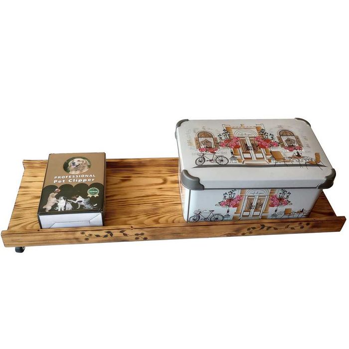 Suport depozitare sub pat din lem ars, cu roti pivotante, handmade