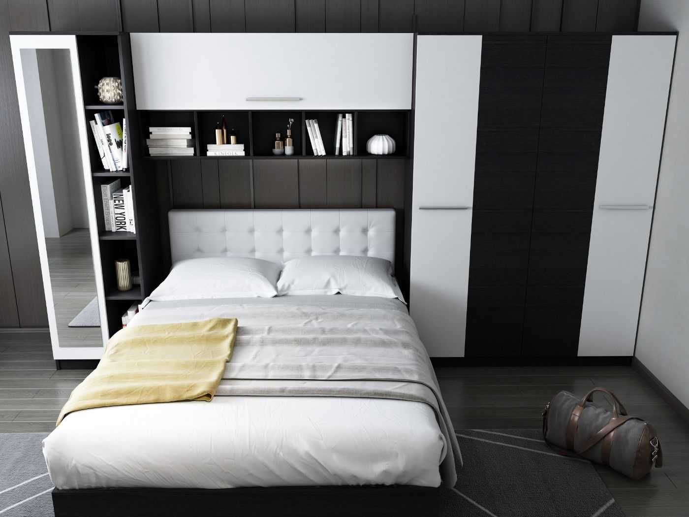Set Mobila Dormitor Mario 3.85m pat incadrat tapitat alb