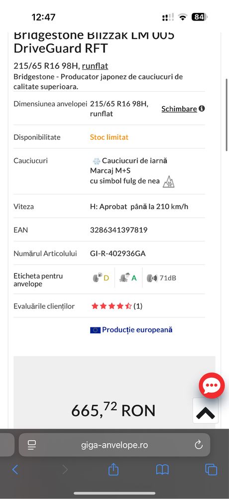 Anvelope runflat suv iarna m+s Bridgestone 215 65 r16 cauciucuri