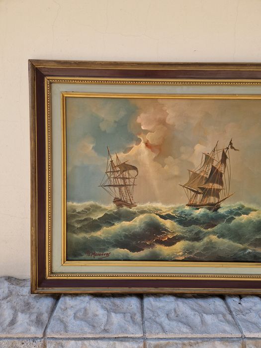 Страхотна антикварна авторска картина масло върху платно