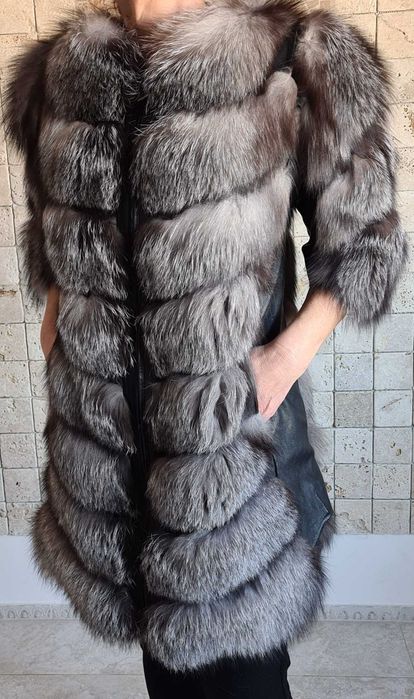 OFERTA!Haina blana naturala vulpe XXL argintie polara Italia lungă gri