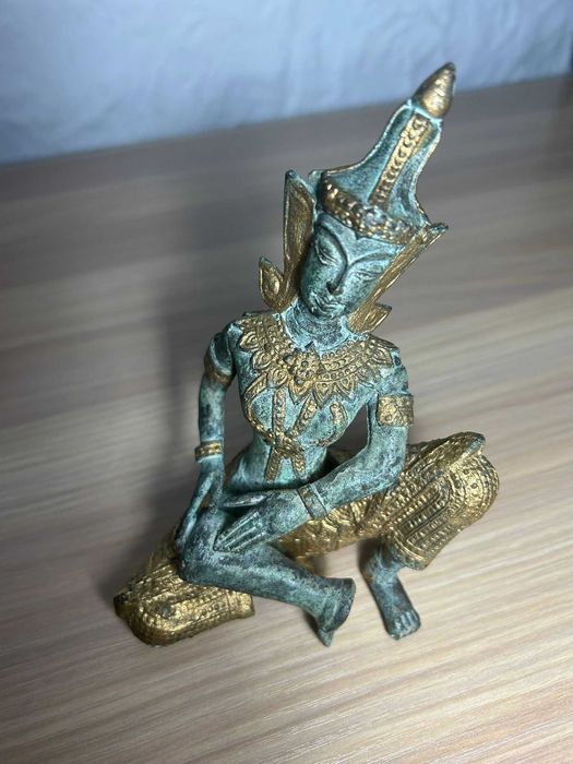 Statuetă Buddha Thai/bronz masiv patinat/bicolor/cântăreț/15,3cm.