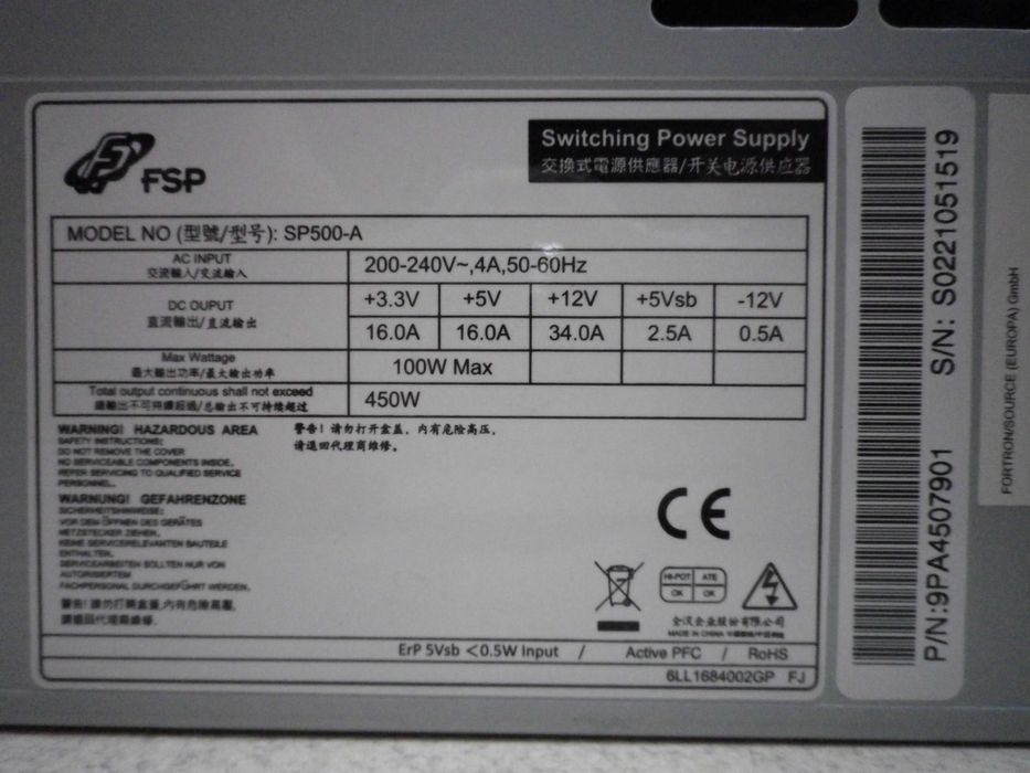 Ново захранване за компютър  Fortron 450W SP500-A