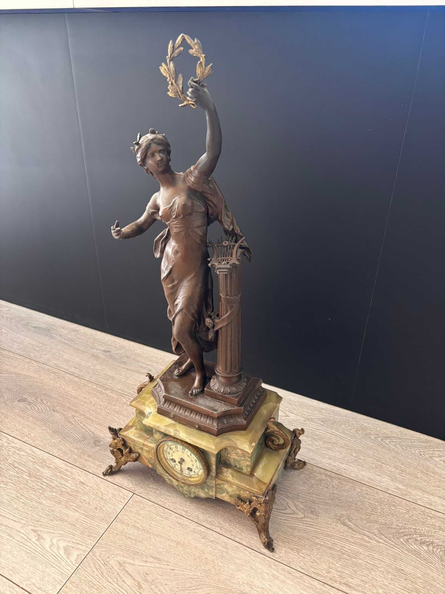 Statueta din bronz cu ceas antic din marmura 67cm/10.2kg
