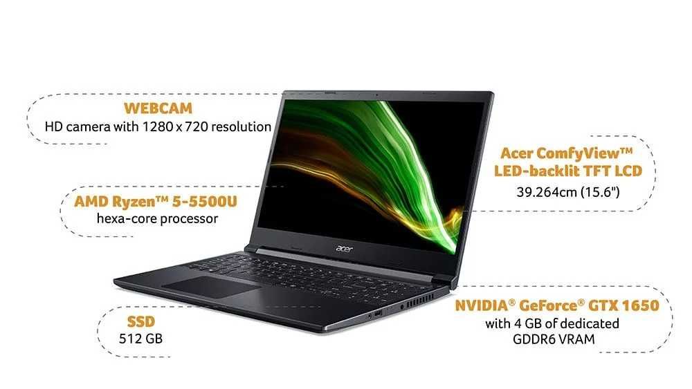Продается новый ноутбук Acer Aspire7 (AMD R5/8Gb/512Gb/GTX 1650/15,6")