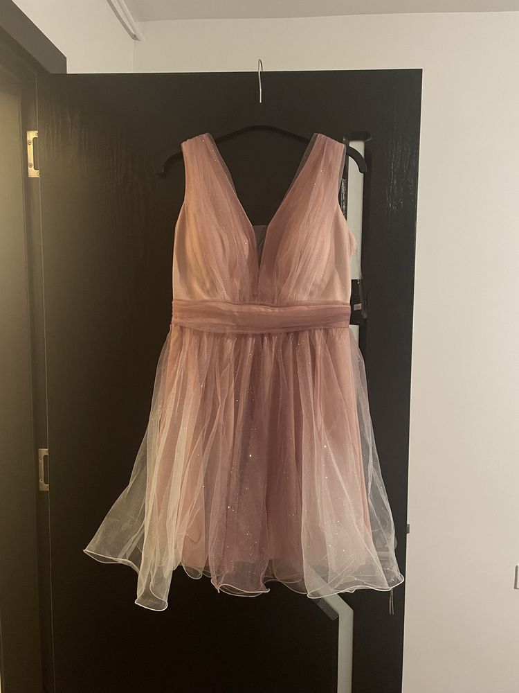 Rochie scurta noua, mărime L, cu sclipici, Roz/Mov