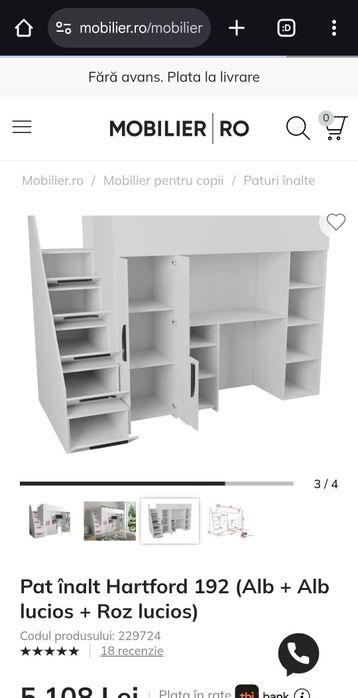 Pat inalt cu birou, mobilier fete