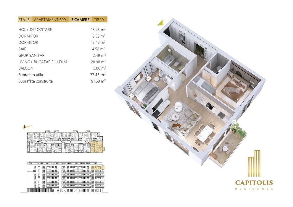Apartament cu 3 camere, 77 mp, etaj intermediar, Capitolis Residence