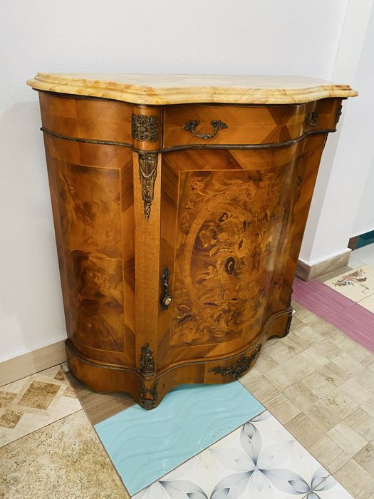 Comoda Lemn Masiv Bronz Intarsie Marmura Vintage