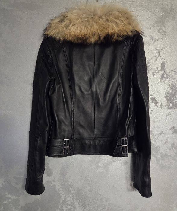 Geaca din piele cu guler din blana naturala de vulpe