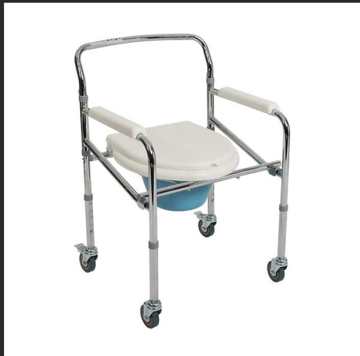 Scaun cu toaletă, cu roți, pliabil, reglabil, alb