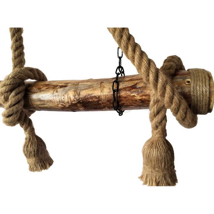 Lustra din lemn masiv, realizata manual, cu 3 brate din sfoara de iuta