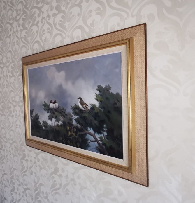 Антикварна картина в рамка и паспарту УОЛТЪР ЛИЛЕНБЕРГ „ПТИЦИ НА КЛОН“