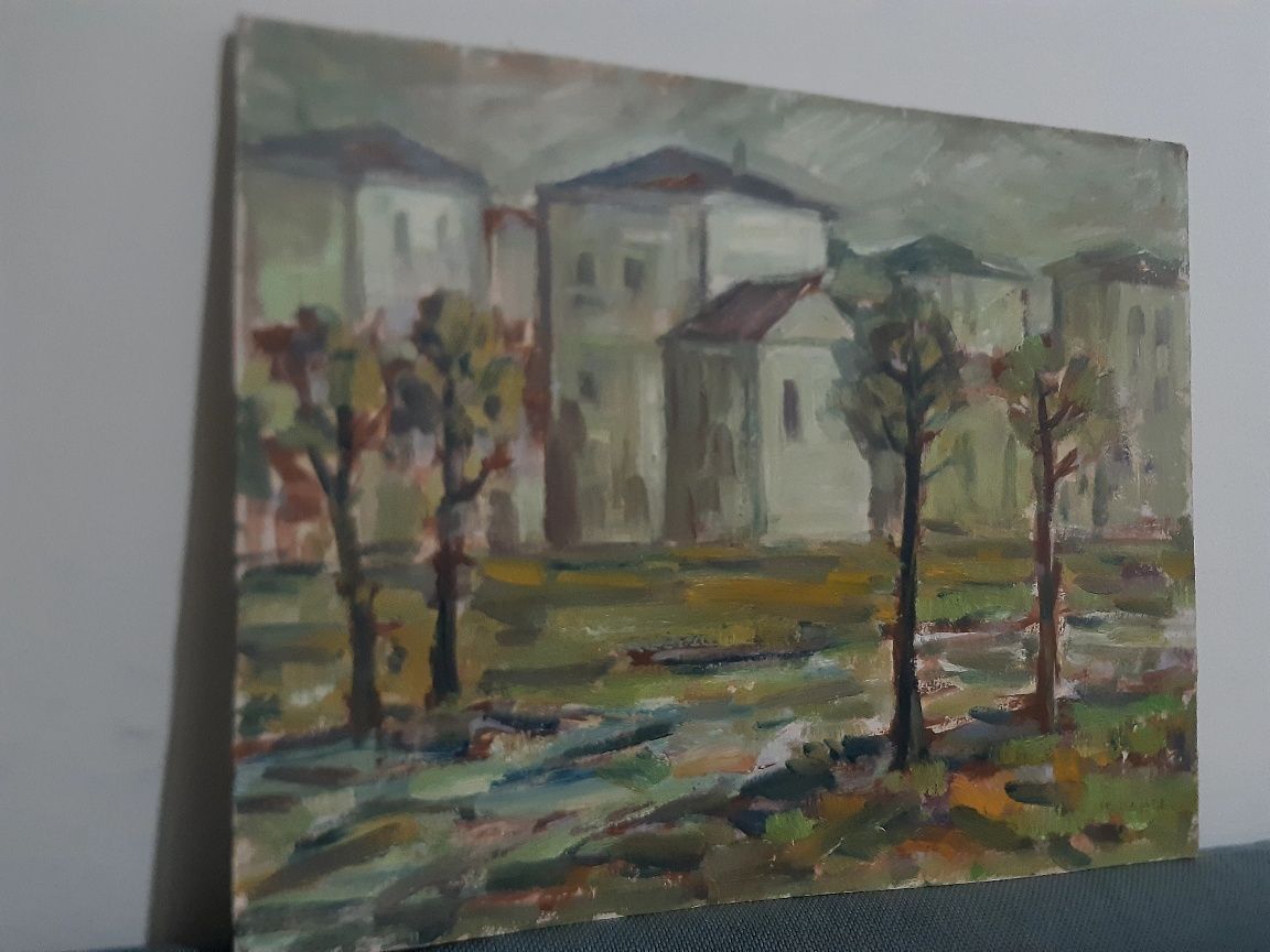 Антикварна картина масло Селски пейзаж на художника Н. Илиев