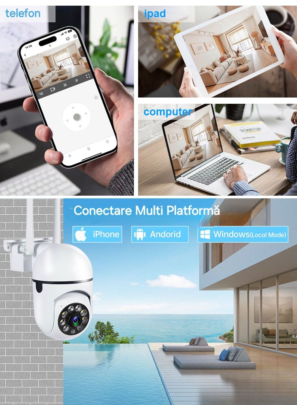 Cameră WiFi Audio-Video PTZ. Interior/Exterior. Notificări/Alarme