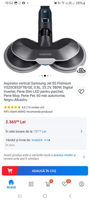 Aspirator vertical Samsung Jet 85 Premium VS20C852FTB/GE, 0.8L, 25.2V,