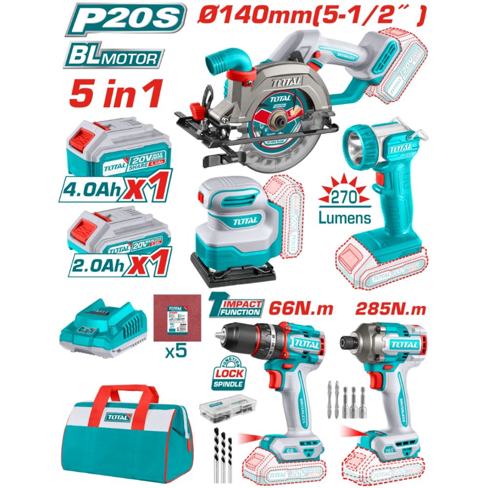 КОМПЛЕКТ Акумулаторни инструменти TOTAL, 20 V, 1 X 2/4