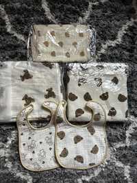 Муслиновый набор : клеенка,пеленка ,слюнявчики и платочек большой