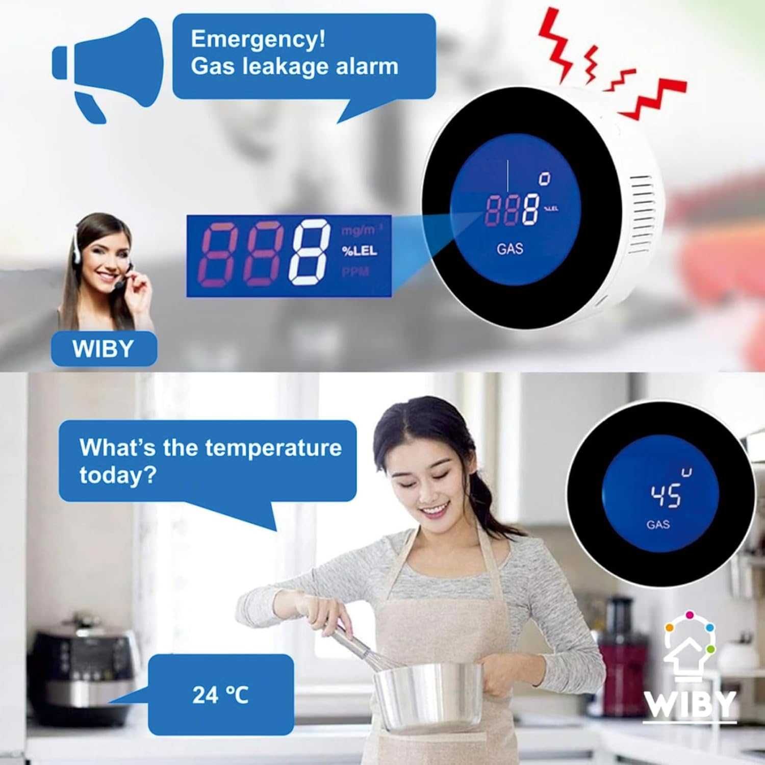 WiFi газодетектор,  с LCD дисплей, съвместим с Alexa/Google Home/
