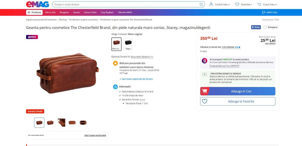 Geanta cosmetice piele naturala maro coniac unisex, REDUS de la 350RON