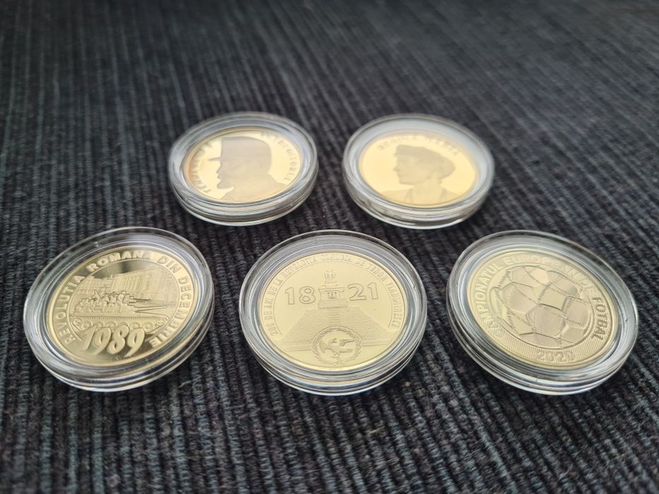 Monede 50 bani PROOF: Regina, Regele, Revolutia, Vladimirescu, Fotbal